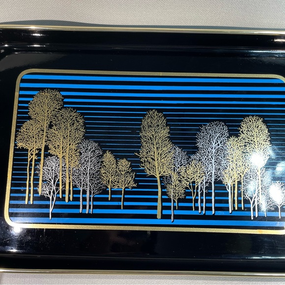Japan Lacquerware Black Blue Tray Gold Leafing Trees Srednick Collection Forest - Picture 3 of 13